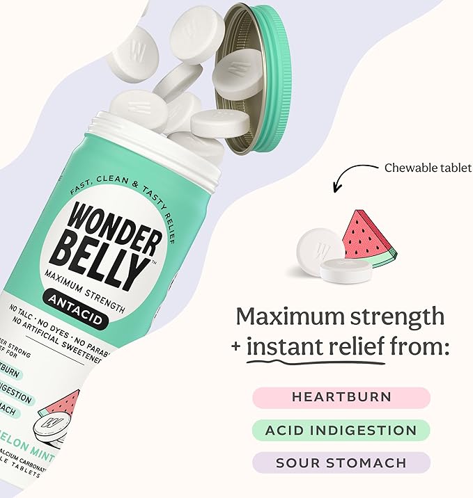 Wonderbelly Antacid, Effective Heartburn and Instant Acid Indigestion Relief, Extra Strength Chewable Tablets, 1000 mg Calcium Carbonate, No Talc or Dye, Watermelon Mint, 60 Count