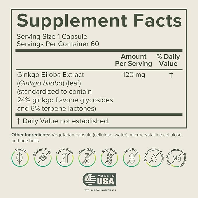 Prominent Nutrition Ginkgo Biloba 120mg - Ginkgo Biloba Leaf Extract, Herbal Supplements to Help Support Memory & Focus- Vegan, Non-GMO, Gluten-Free, Soy-Free, 60 Day Supply