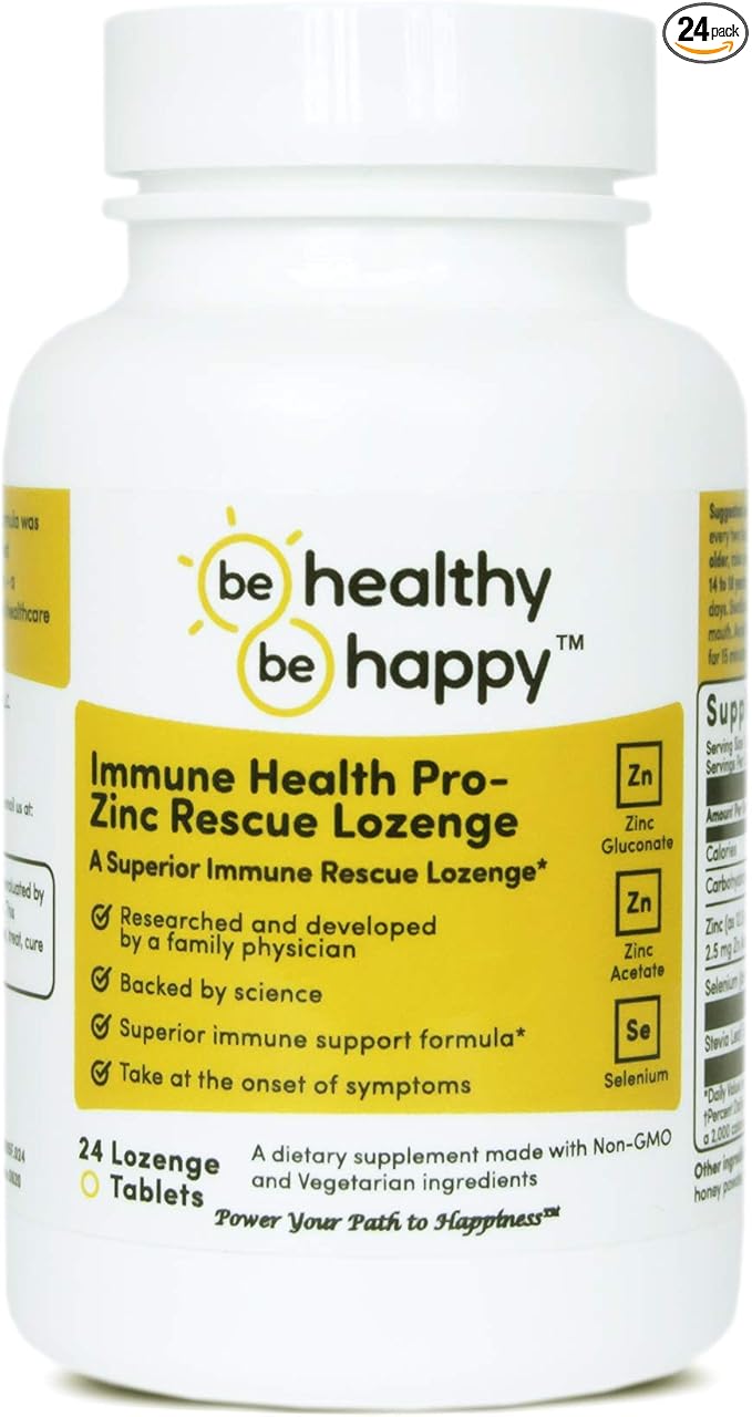 Be Healthy! Be Happy! Immune Health Pro - Zinc Rescue Lozenge Common Cold Relief Formula & Immune System Support 24 Count.