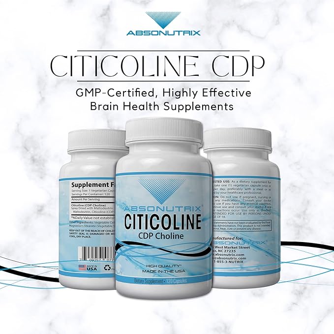 Absonutrix Citicoline CDP Choline 530mg, Nootropic Supplement, GMP Certified, Third-Party Tested, Easy to Swallow, 120 Veg caps, Improves Cognitive Skills, Supports Memory, Non-GMO, Made in USA