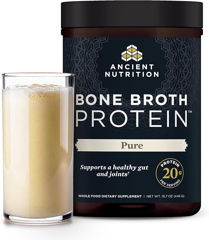 Ancient Nutrition Grass Fed & Cage Free Bone Broth Protein Powder, 20g Protein Per Serving, Hydrolyzed Collagen Peptides, Glucosamine, Chondroitin, Supports Joint & Gut Health, Pure, 40 Servings