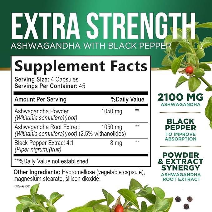 Herbal Ashwagandha 2,100 mg - Extra Strength Unwind, Calm & Relax Support with Black Pepper - Natural Focus & Energy Support - Ashwagandha Powder Supplements - Vegan, Gluten Free - 180 Capsules