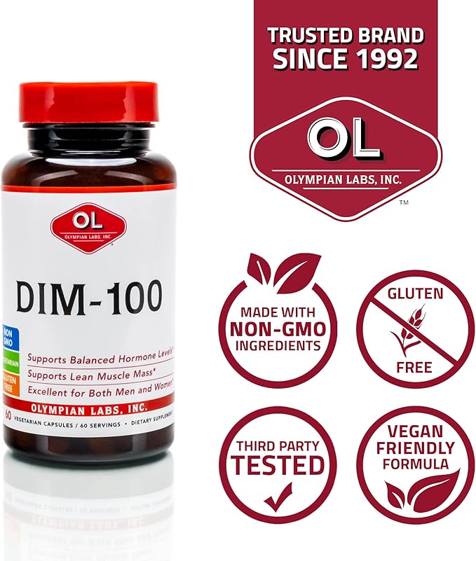 Olympian Labs DIM Supplement 100mg - Daily Capsules - Diindolylmethane for Men and Women, 100 Mg, 60 Count