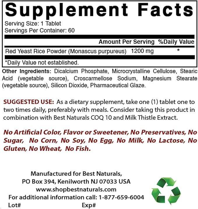 Best Naturals Red Yeast Rice 1200 Mg & Alpha Lipoic Acid 600 mg
