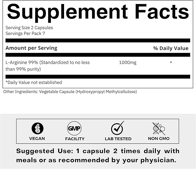 L-Arginine 1000mg Supplement for Men and Women - Supports Nitric Oxide Production - Supports Blood Circulation - Pre Workout Amino Acid Supplement (Trial Pack)