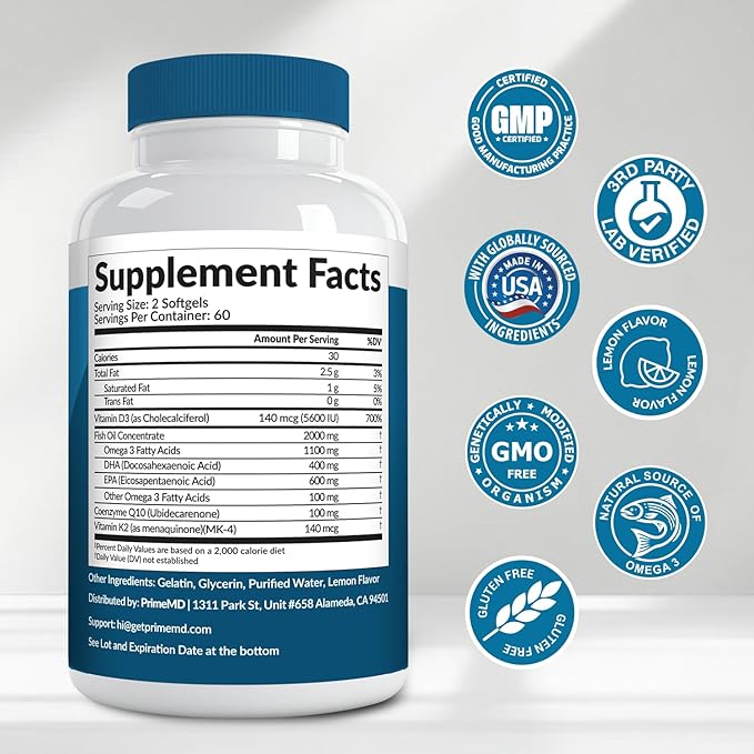 5-in-1 Fish Oil Omega 3 Fatty Supplements (2100mg) - Omega 3 Fish Oil with Vitamins D3 K2 and CoQ10 - Lemon Flavored (120 softgels)
