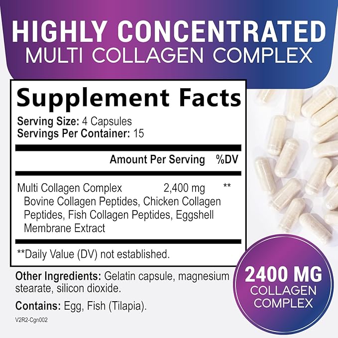 Collagen Peptides for Women & Men - Multi Collagen Supplement for Hair, Nail, Skin, Bone and Joint Support, Type I, II, III, V, X, Grass Fed Hydrolyzed Powder Pills, Non-GMO - 60 Capsules