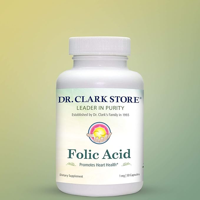Dr. Clark Folic Acid (Vitamin B9) Supplement – 1mg, 50 Gelatin Capsules, Essential B Vitamin for Daily Health