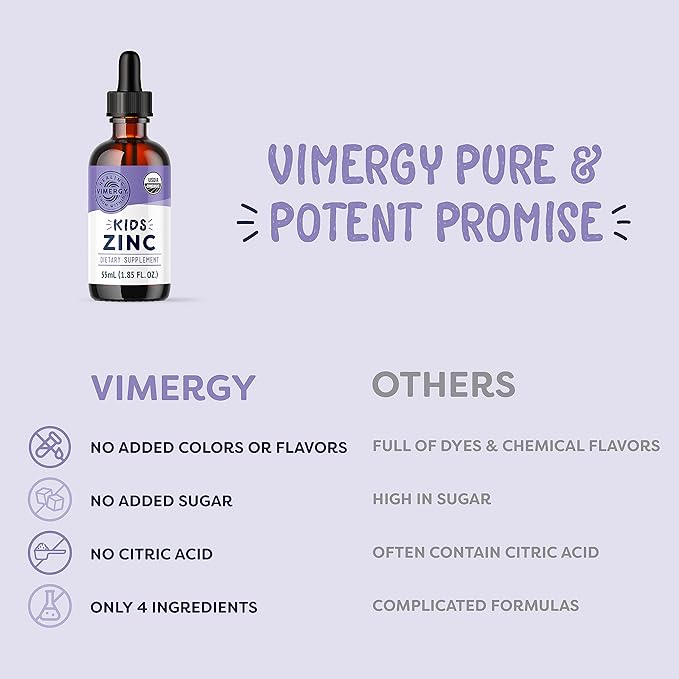 Vimergy Kids Organic Liquid Zinc Sulfate – For Children & Adolescence 1-18 Years Old, Fast-Absorbing Immune Support* – Promotes Healthy Bones, Hair & Skin. USDA Organic, Kosher, Vegan, Non-GMO – 55 mL