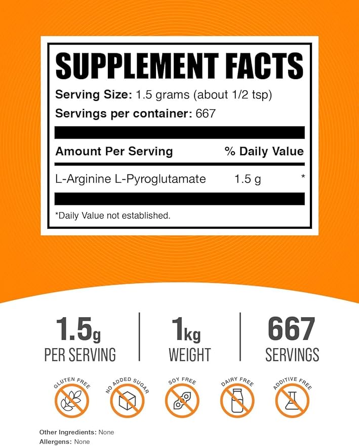 BulkSupplements.com L-Arginine L-Pyroglutamate Powder - Arginine Supplement, Nitric Oxide Supplement - Gluten Free, 1.5g per Serving, 1kg (2.2 lbs) (Pack of 1)