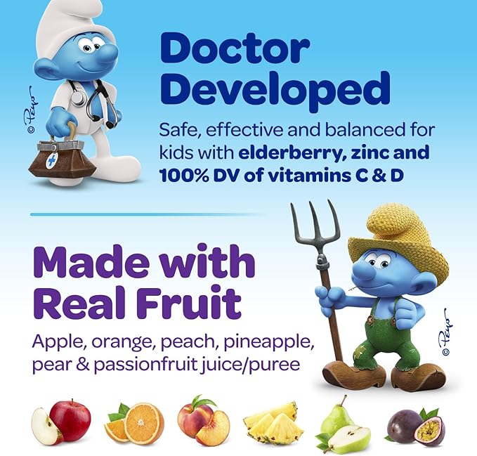 Smurfs Kids Immune Support Gummies | Black Elderberry Vitamin C and Zinc Kids Immunity Gummies | Made with Real Fruit | Doctor Developed | Non-GMO & No Artificial Flavors or Colors | 40 Gummies