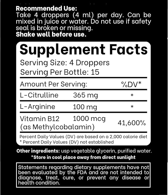 L-Arginine + L-Citrulline Liquid Drops with Vitamin B12 – Citrus Berry Flavor, 2 fl oz (60 ml) Pack of 2 - Fast Absorption, Easy-to-Use