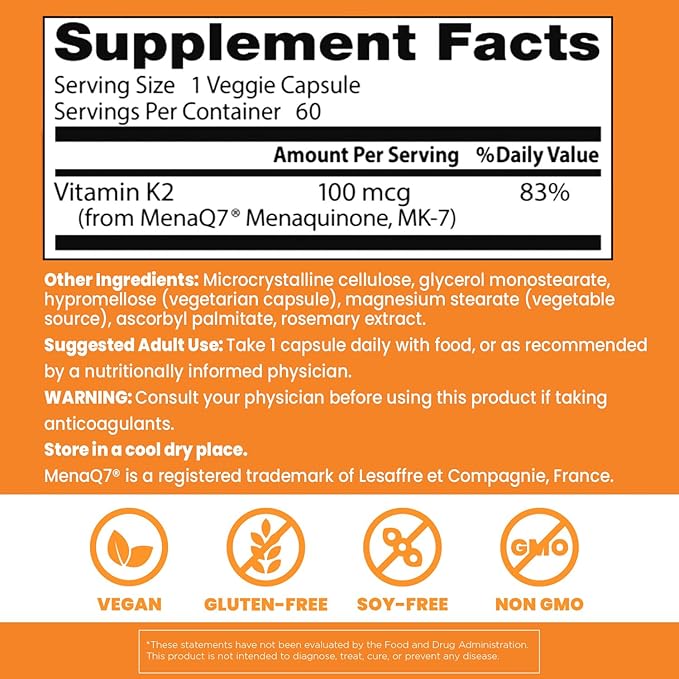 Doctor's Best Natural Vitamin K2 Mk-7 with MenaQ7, 100mcg Vitamin K2 Supplement Supports Bone Health, Non-GMO, 60 Veggie Capsules