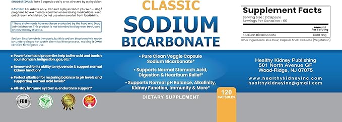 Classic Sodium Bicarbonate 650mg Natural Organic Use Sodium Bicarbonate Powder Pills Sodium Bicarbonate Tablets (caps) Stomach Acid Alkalinity 120caps