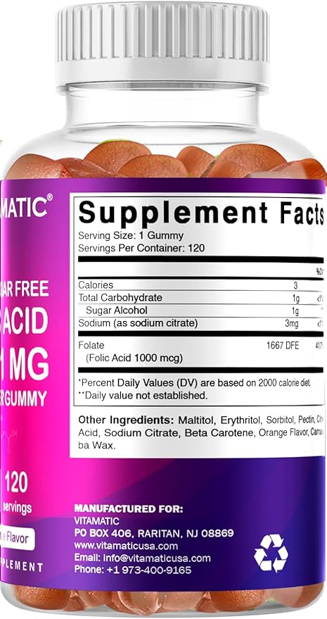 Vitamatic Folic Acid Gummies 1000 mcg (1 mg) – Essential Prenatal Vitamin B9 for Mom & Baby – 120 Vegan Gummies per Bottle – 2 Pack