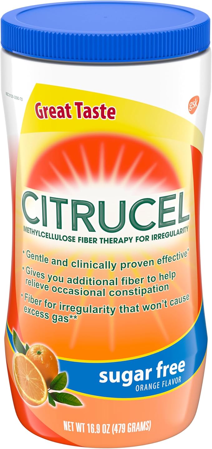 Citrucel Sugar Free Fiber Powder for Occasional Constipation Relief, Methylcellulose Fiber Powder, Orange Flavor - 16.9 Ounces
