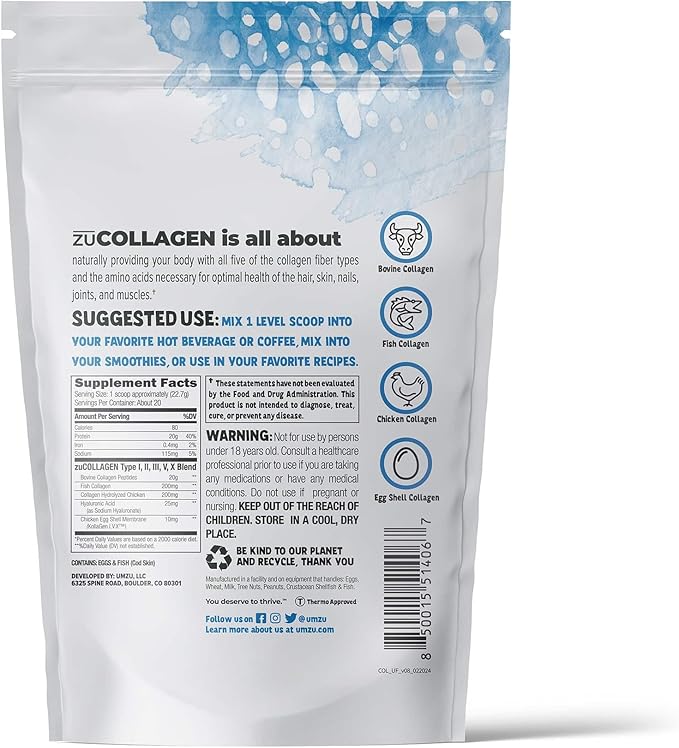 UMZU ZuCollagen Hydrolyzed Protein Powder | 5 Collagen Peptide Types for Healthy Hair, Skin, Nails, Joints & Gut | Low Calorie, High Protein (20g Protein per Serving | Unflavored)