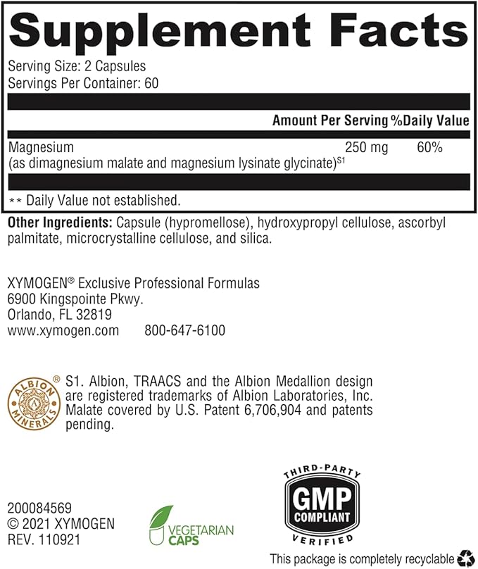 XYMOGEN OptiMag 125 - Magnesium Supplement with Di-Magnesium Malate & Glycinate Lysinate to Support Nerve, Muscle, Bone Health + Heart Health (120 Capsules)