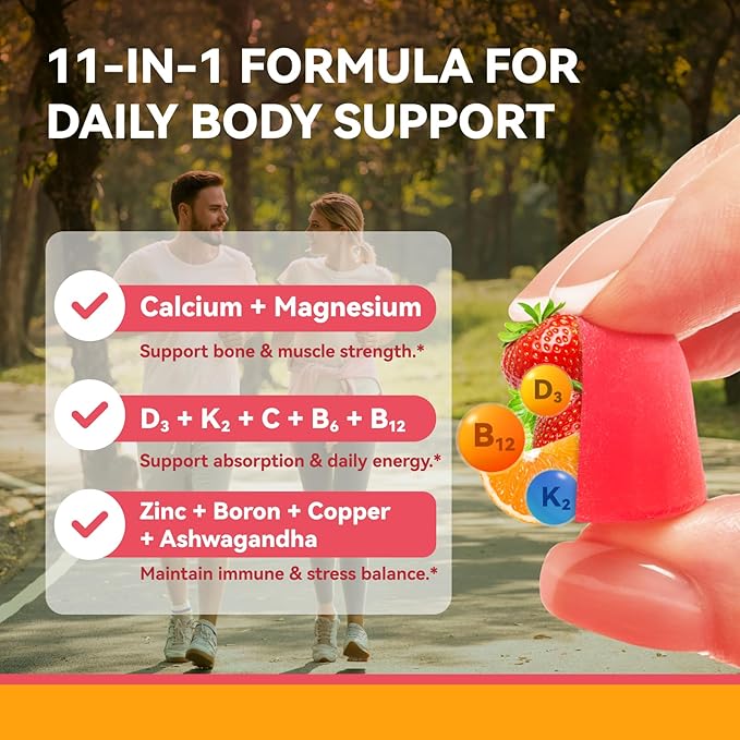 2 Pack Calcium Magnesium Zinc Gummies with Vitamin D3, K2, B12 & B6 for Women and Men, Calcium Citrate with Boron, Copper and Ashwagandha for Bone, Muscles, Calm Mood & Sleep Support, Immune Health