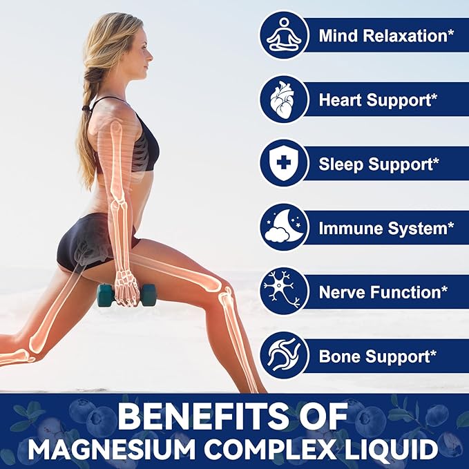 Magnesium Glycinate Liquid Drop 21 in 1 Magnesium Complex with Vitamin D3,K2,B6 & B12 Plus L-Theanine Omega-3 Sea Moss Extract for Energy,Sleep,Joint,Heart Health Sugar Free Blueberry Flavor,2 Fl Oz