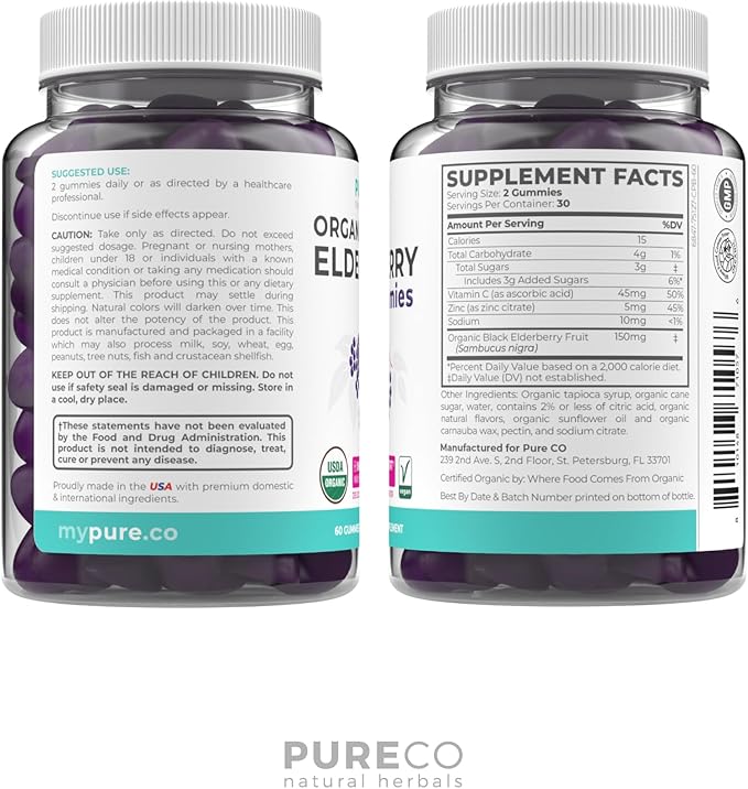 Organic Elderberry Gummies for Adults - Vegan Sambucus Elderberry Immune Support Gummies with Black Elderberry Vitamin C and Zinc for Daily & Seasonal Immunity (USDA Organic Non-GMO Vegan) - 1 Month