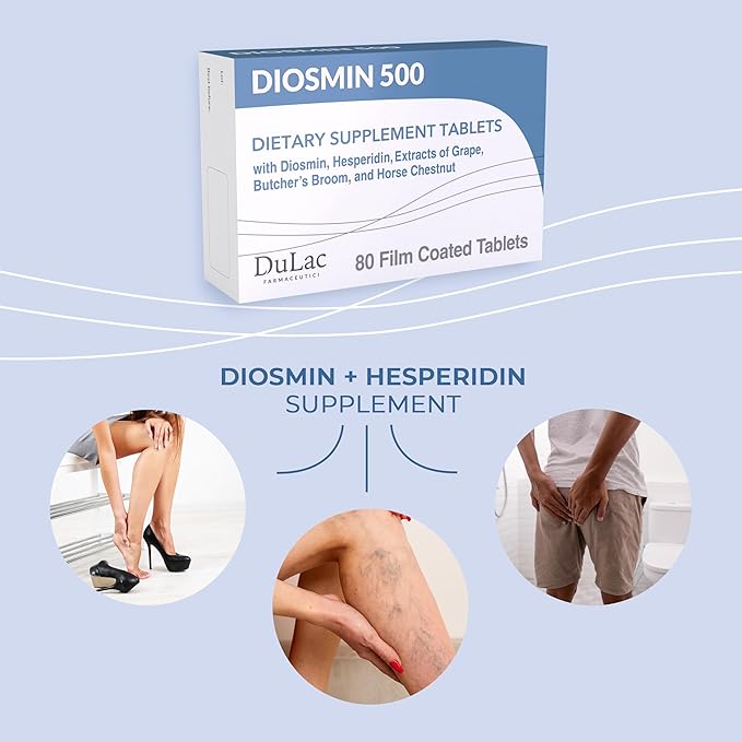 Dulàc - Diosmin 500 Hemorrhoid and Leg Vein Supplement 80 Tablets, Diosmin, Horse Chestnut Extract, Butchers Broom, Hesperidin for Circulation, Made in Italy