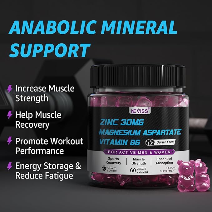 Zinc and Magnesium Supplement (Made in USA), Zinc Magnesium Aspartate Post Workout Gummies for Men Women, w/Vitamin B6, B12, D3, Turmeric for Nighttime Muscle Recovery, Boost Immunity & Sleep, 60 Cts