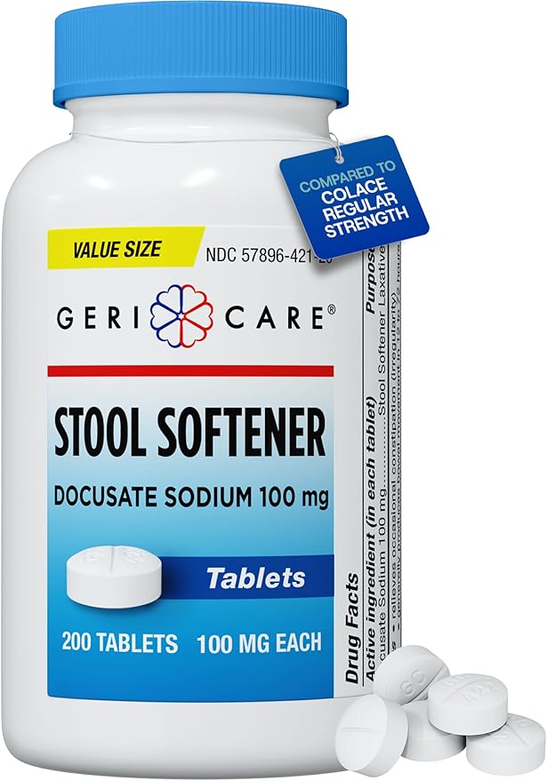 GeriCare Docusate Sodium Stool Softeners, Best Stool Softener for Daily use for Women, Men, and Elderly - Ideal for Constipation Relief 100mg Crushable Tablets. (200 Count) Made in The USA.