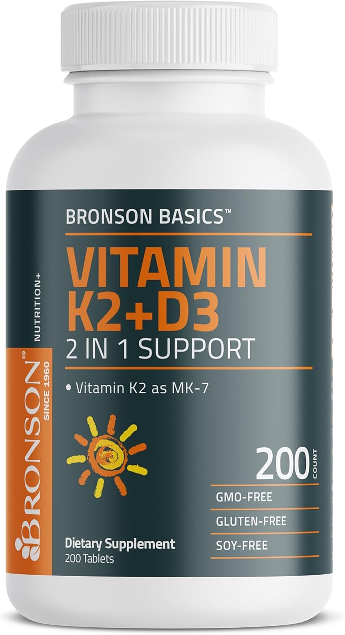 Bronson Vitamin K2 D3 (MK7) Supplement Non-GMO Formula Vitamin D3 5000IU (125 mcg) & 90 mcg K2 MK-7, Easy to Swallow D & K Complex, 200 Tablets