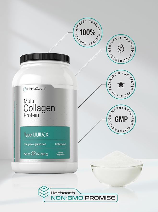 Horbaach Multi Collagen Protein Powder 32 oz | Type I, II, III, V, X | Hydrolyzed Collagen Peptides | Keto & Paleo Friendly | Unflavored & Gluten Free