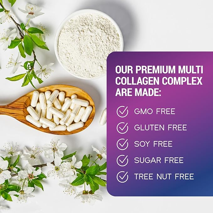 Collagen Peptides for Women & Men - Multi Collagen Supplement for Hair, Nail, Skin, Bone and Joint Support, Type I, II, III, V, X, Grass Fed Hydrolyzed Powder Pills, Non-GMO - 60 Capsules