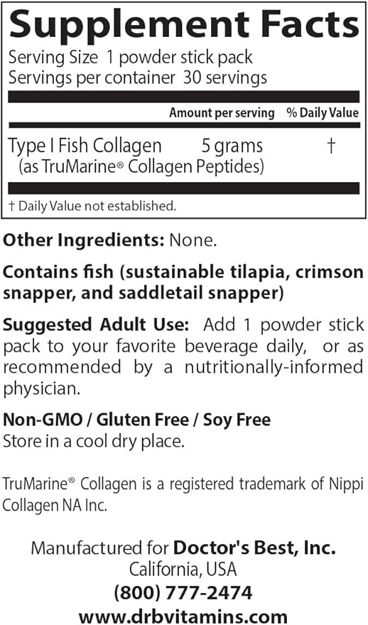 Doctor's Best Fish Collagen w/Naticol Fish Collagen, Supports Skin, Nails, Joints, 30 Powder Stick Pack