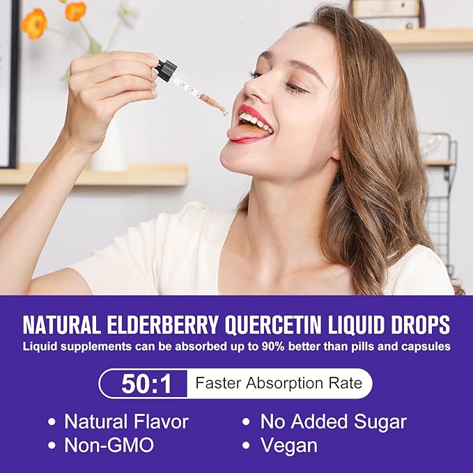 Elderberry Syrup | Organic Quercetin Black Elderberry Liquid Drops for Kids & Adults | Sambucus Elderberry Extract with Vitamin C, D3, Zinc | Vegan, Gluten Free, 2 Pack