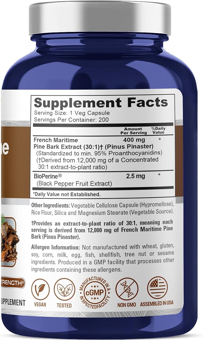 NusaPure French Maritime Pine Bark 30:1 Extract, 400 mg Equivalent to 12,000 mg Per Veggie Caps 200-Day Supply, Bioperine (Non-GMO & Vegan)