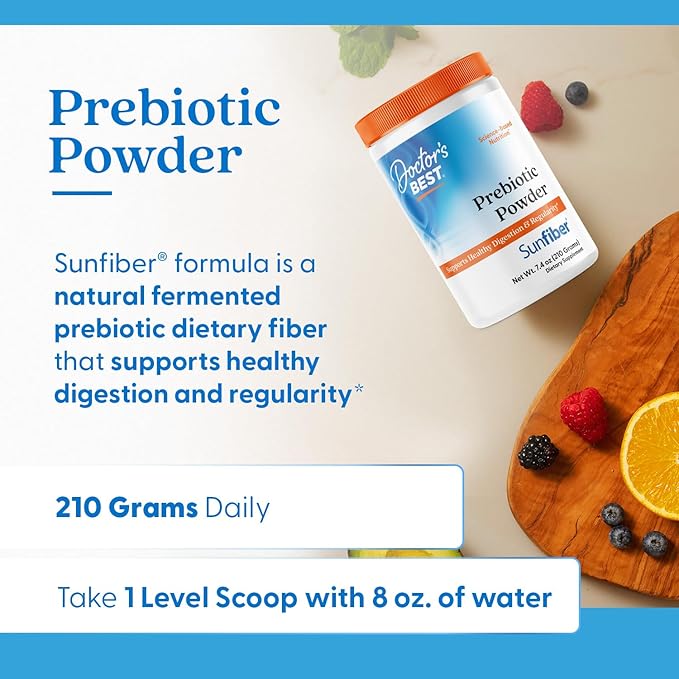Doctor's Best Prebiotic Fiber Powder with Sunfiber, Supports Healthy Digestion & Regularity, Non-GMO, Gluten Free, Soy Free, Vegan, Unflavored, Non-Gritty, Easy Dissolve Net Wt. 7.4 oz (210 Grams)