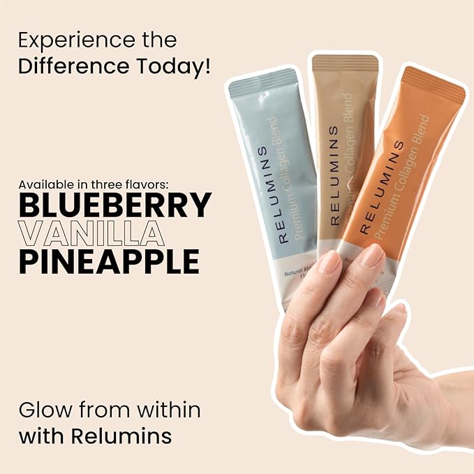 Relumins Marine Collagen Powder Drink Mix - Collagen Peptide with Glutathione, Green Tea, CoQ10, & Hyaluronic Acid Promotes Glowing Skin - 100 Powder Sachets x Blueberry Flavored + 10 Free Sachets