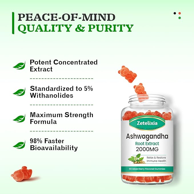 2 Pack Ashwagandha Gummies, Extra Strength Vitamin D3, Organic Ashwa Root Extract Supplement for Calm Mood Relaxation and Immune Support, Mixed Berry Vegan Chews 120 Count