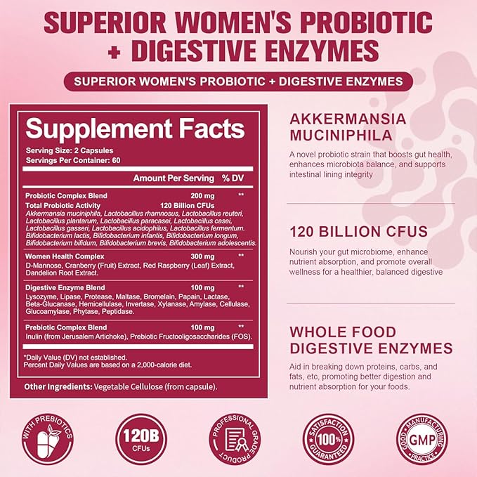 (2 Packs) Probiotics for Women, 120 Billion Women Probiotic, Digestive Enzymes & Prebiotics, with Akkermansia, Cranberry, D-Mannose, for Gut, Vaginal, Urinary, Immune, PH Balance