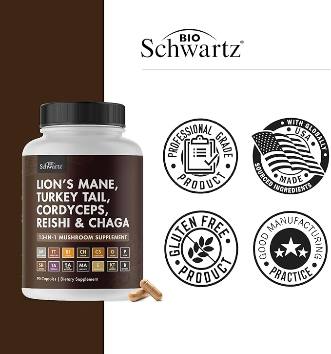 BioSchwartz Mushroom Complex - Organic Lions Mane Supplement Capsule with Reishi, Turkey Tail, Cordyceps, Shiitake, Chaga, Black Pepper for Max Absorption - Supports Energy, Focus, Memory, 90 Count