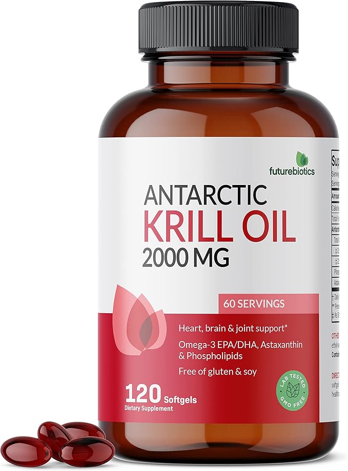 Futurebiotics Antarctic Krill Oil 2000mg with Astaxanthin, Omega-3s EPA, DHA and Phospholipids - 100% Pure Premium Krill Oil Heavy Metal Tested, Non GMO – 120 Softgels