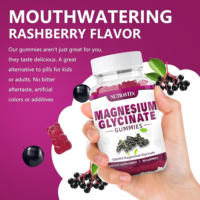 Magnesium Glycinate Gummies 1000mg with Magnesium L-Threonate,Chelated Magnesium Potassium Complex Supplement with VitD, B6, CoQ10, Calcium,Supports for Memory, Calm, Mood - 90 Elderberry Gummies