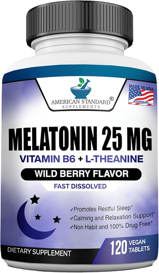 Melatonin 25mg Per One Tablet, 120 Chewable Tablet with L-Theanine & Vitamin B-6, Supports Healthy Sleep Cycle , Promotes Calming & Restful Sleep, Vegan, NON GMO, Made In USA