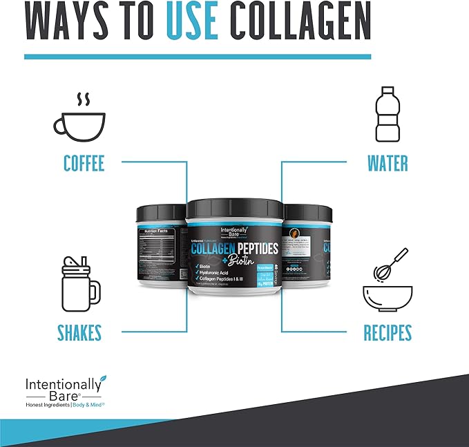 Intentionally Bare Collagen Powder Unflavored - Collagen Peptides Powder with Biotin & Hyaluronic Acid - Non-GMO & Grass Fed Collagen Protein Powder with 10g Protein - Keto Collagen Powder 40 Servings