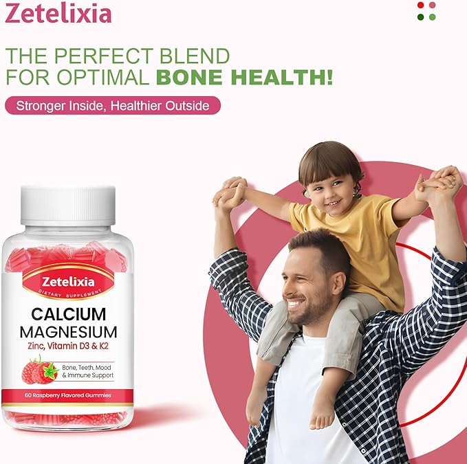 Calcium Magnesium Zinc Gummies with Vitamin D3 & K2, Calcium Gummies for B0nes Muscles, Women & Men, Raspberry Flavor - 60 Count