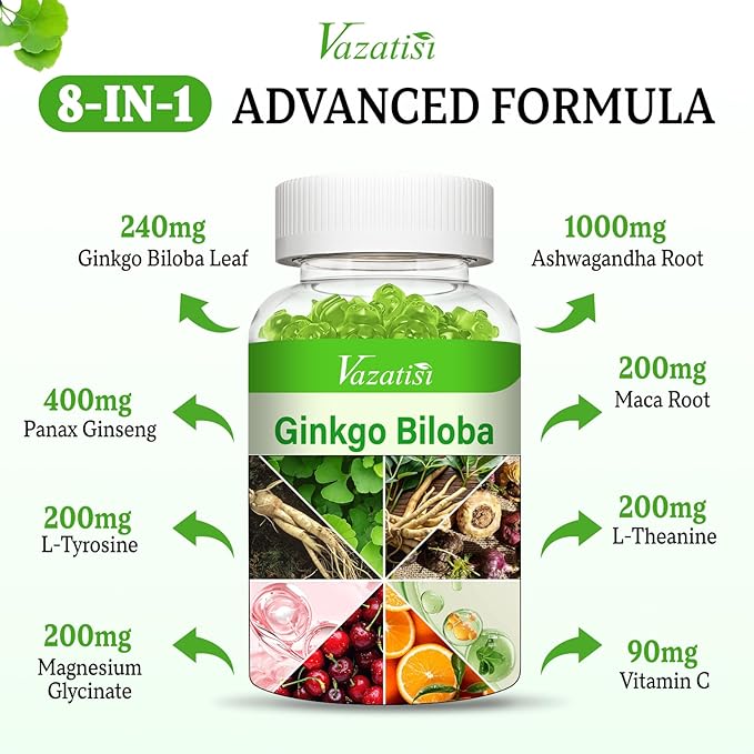 Ginkgo Biloba Gummies with Panax Ginseng for Better Mood and Focus, Booster Brain Health, 120 Vegan Apple Flavor Gummies