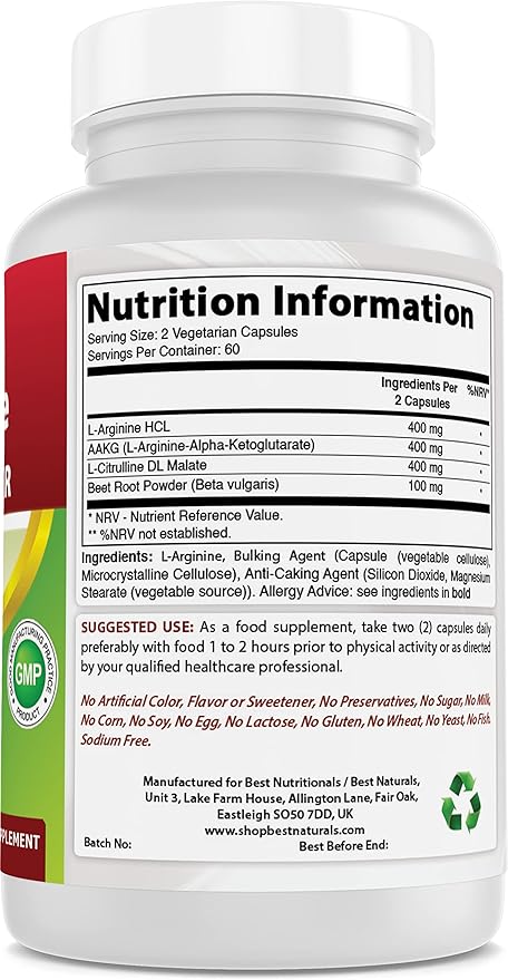 Best Naturals L-Arginine NO Booster Triple Strength 1300 mg Serving 120 Veg Capsules (120 Count (Pack of 2))