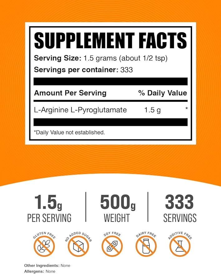 BulkSupplements.com L-Arginine L-Pyroglutamate Powder - Arginine Supplement, Nitric Oxide Supplement - Gluten Free, 1.5g per Serving, 500g (1.1 lbs) (Pack of 1)