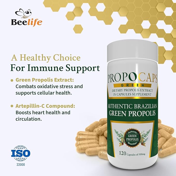 Beelife Green Propolis Capsules- 100% Green Propolis and Bee Pollen Capsule Supplement- Propolis Extract, Authentic Brazilian Green Propolis Capsules - Certified ISO 22000, Kosher (120 Capsules)
