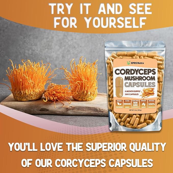 XPRS Nutra Cordyceps Mushroom Powder Capsules - 360 Count (180 Day Supply) - Our Premium Cordyceps Mushroom Capsules Contain Real Mushrooms (Cordyceps Sinensis) to Support Stamina and Performance