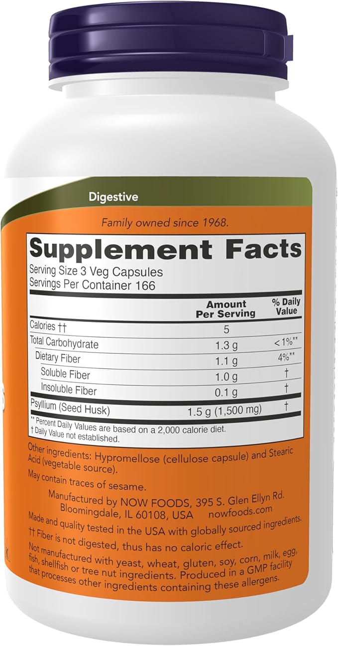 NOW Foods Supplements, Psyllium Husk Caps 500 mg, Non-GMO Project Verified, Natural Soluble Fiber, Intestinal Health*, 500 Veg Capsules